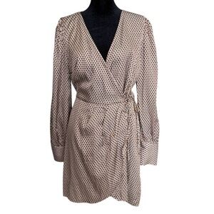 Abercrombie & Fitch Geometric Wrap Dress Long Sleeve Brown White Satin Petite M